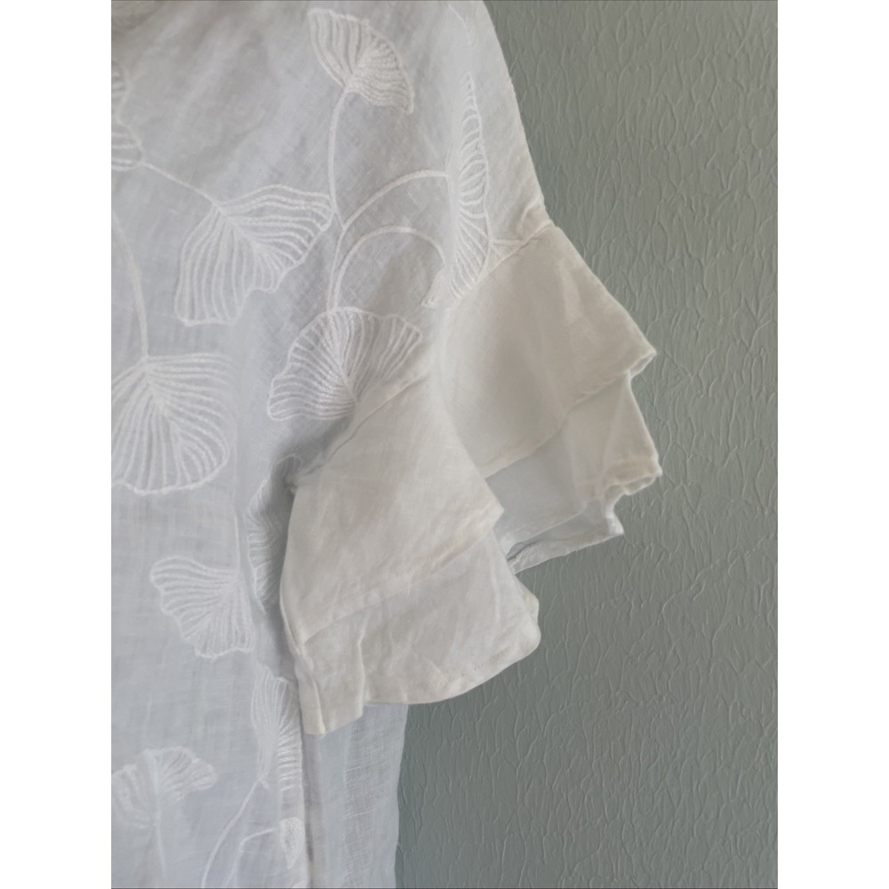 VALENTINA NALDI Made in Italy White 100% Linen Embroidered Ruffle Sleeve Top S - Picture 3 of 6
